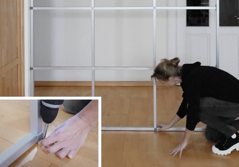 Raumteiler Bauanleitung DIY - Bodenhalterung Bodenflansch am Boden mit Schrauben fixieren - Schritt-8